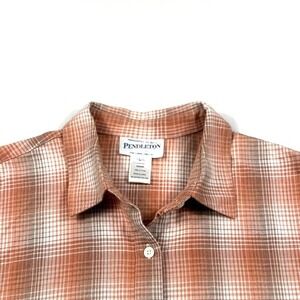 Vintage Pendleton Plaid Flannel Shirt Button Up Cotton Coral Tan Size‎ L